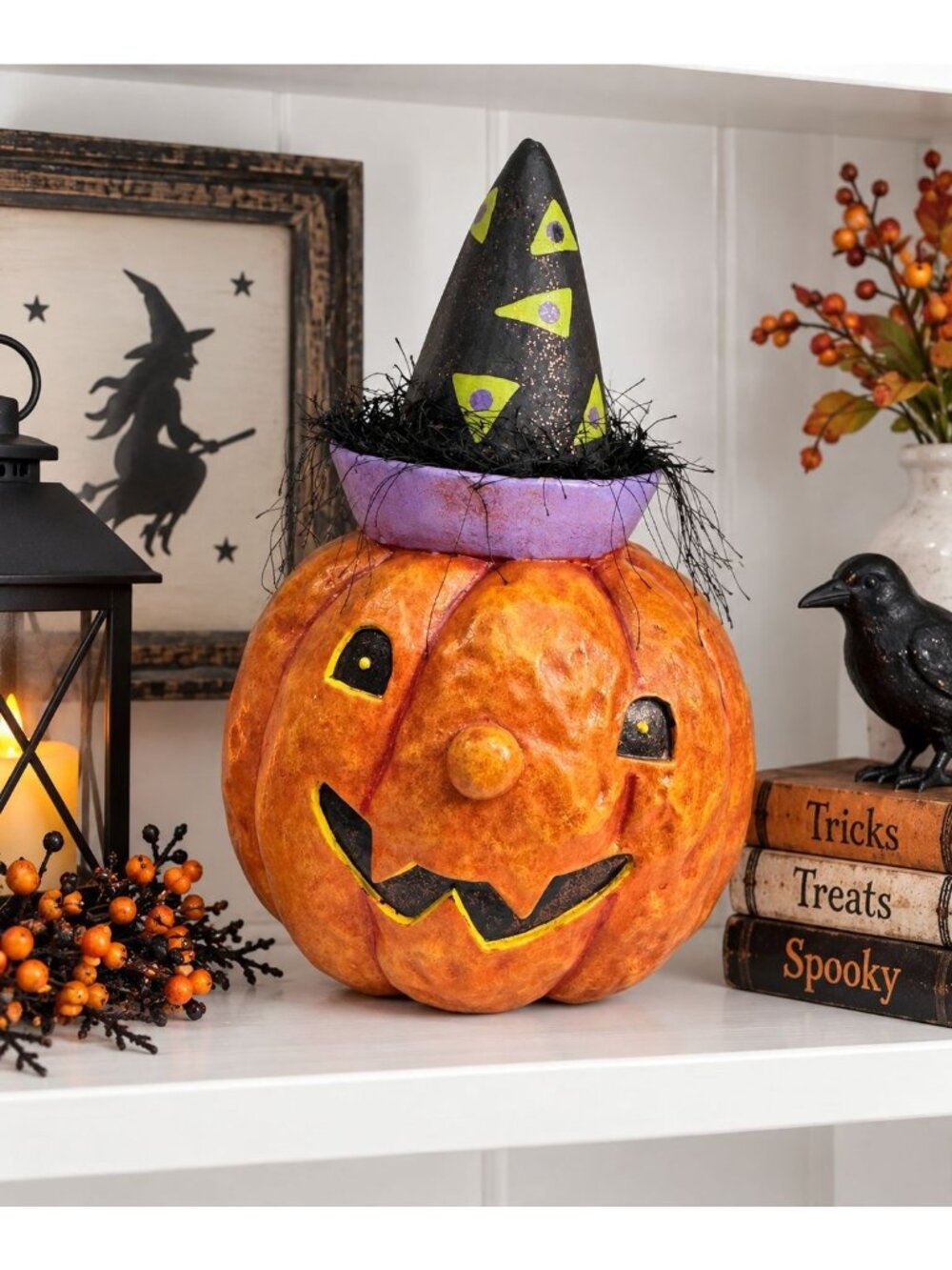 RAZ Imports Halloween Jack O Lantern Pumpkin Witch Hat Paper Mache 12" Licensed